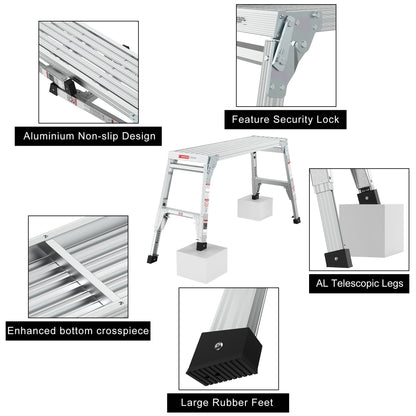 Aluminum Work Platform Large Size Step Stool Folding Portable Work Bench 40" Width Telescopic Feet 22" -27.5" Height Adjustable