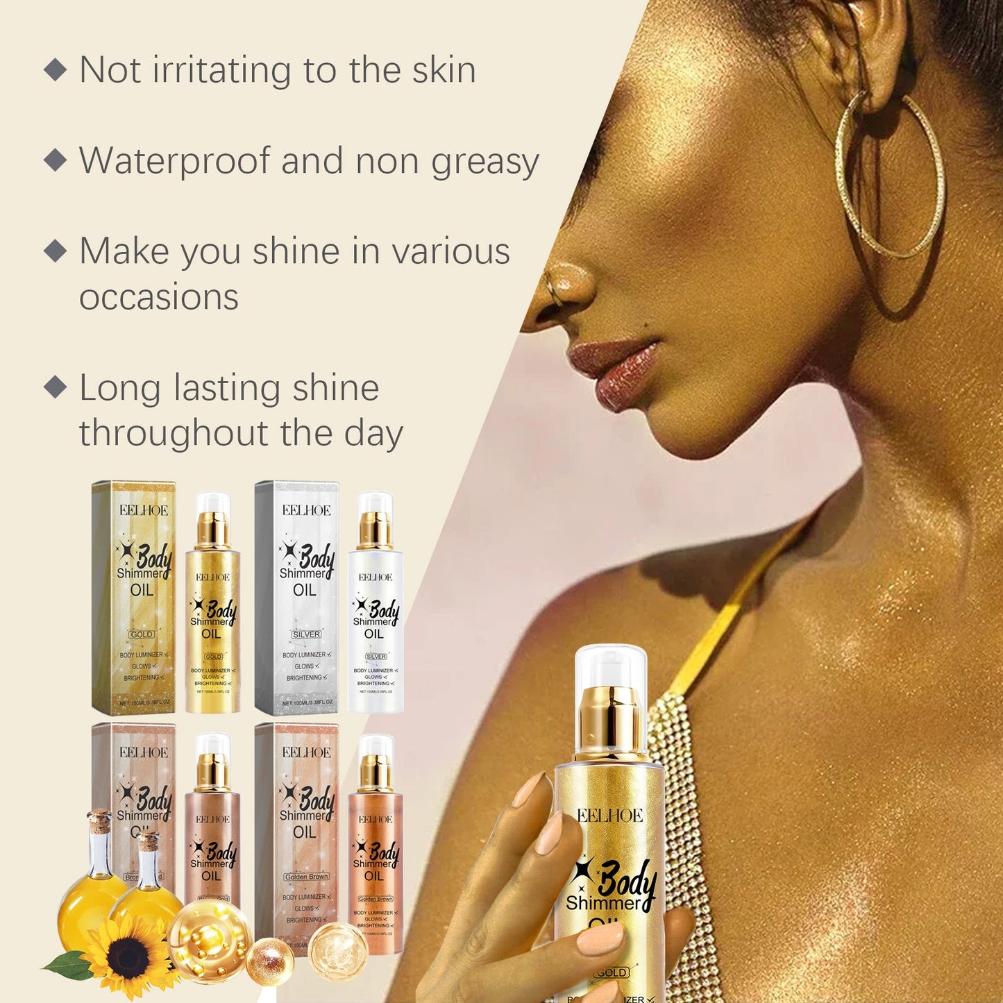Body Glitter Oil Liquid Glitter Highlight Oil Full Body Beach Sexy Glow Oil