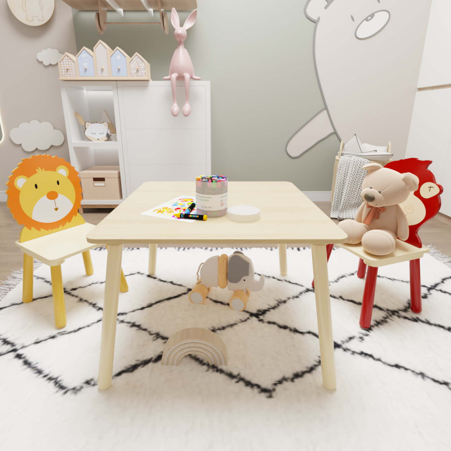 Kids Table and 2 Chairs Set 3 Pieces Toddler Table and Chair Set Wooden Activity Play Table Set (Lion&Monkey)