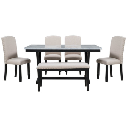 TREXM Modern Style 6-piece Dining Table with 4 Chairs & 1 Bench (White)