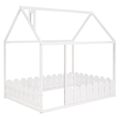 (Slats are not included) Full Size Wood Bed House Bed Frame with Fence for Kids Teens Girls Boys (White )