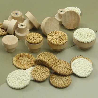 Vine woven circular cake wooden handle cabinet door rattan woven wooden handle single hole raw wood color handle
