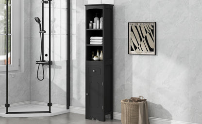 Tall Bathroom Cabinet, Freestanding Storage Cabinet with Drawer, MDF Board, Adjustable Shelf, Black