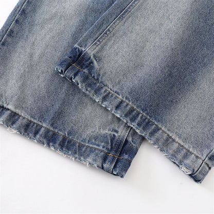 Washed Faded Denim Long Pants Clean Fit Punk Loose Wide Leg Dad Trousers Men's Distressed Ripped Straight Leg Jeans