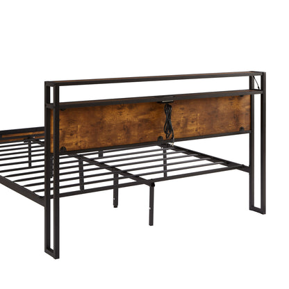 Large metal bed frame with wooden headboard and USB foot pedal, charging station, 2 drawers, LED lights, no need for box spring