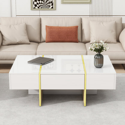 ON-TRANS 47.2 inch x 31.4 inch multifunctional rectangular sofa table with 2 drawers and gold wood grain leg center table, white