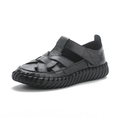 Leather perforated shoes with hollowed out toe caps for women soft soled non slip flat sandals for women