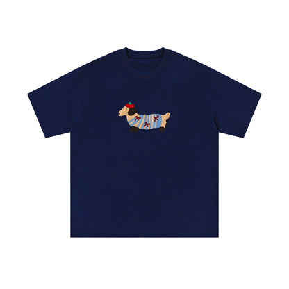Sausage Dog Flocking Embroidery Short Sleeve T-Shirt Unisex INS Casual Loose Pure Cotton Top Summer Tee Street Fashion