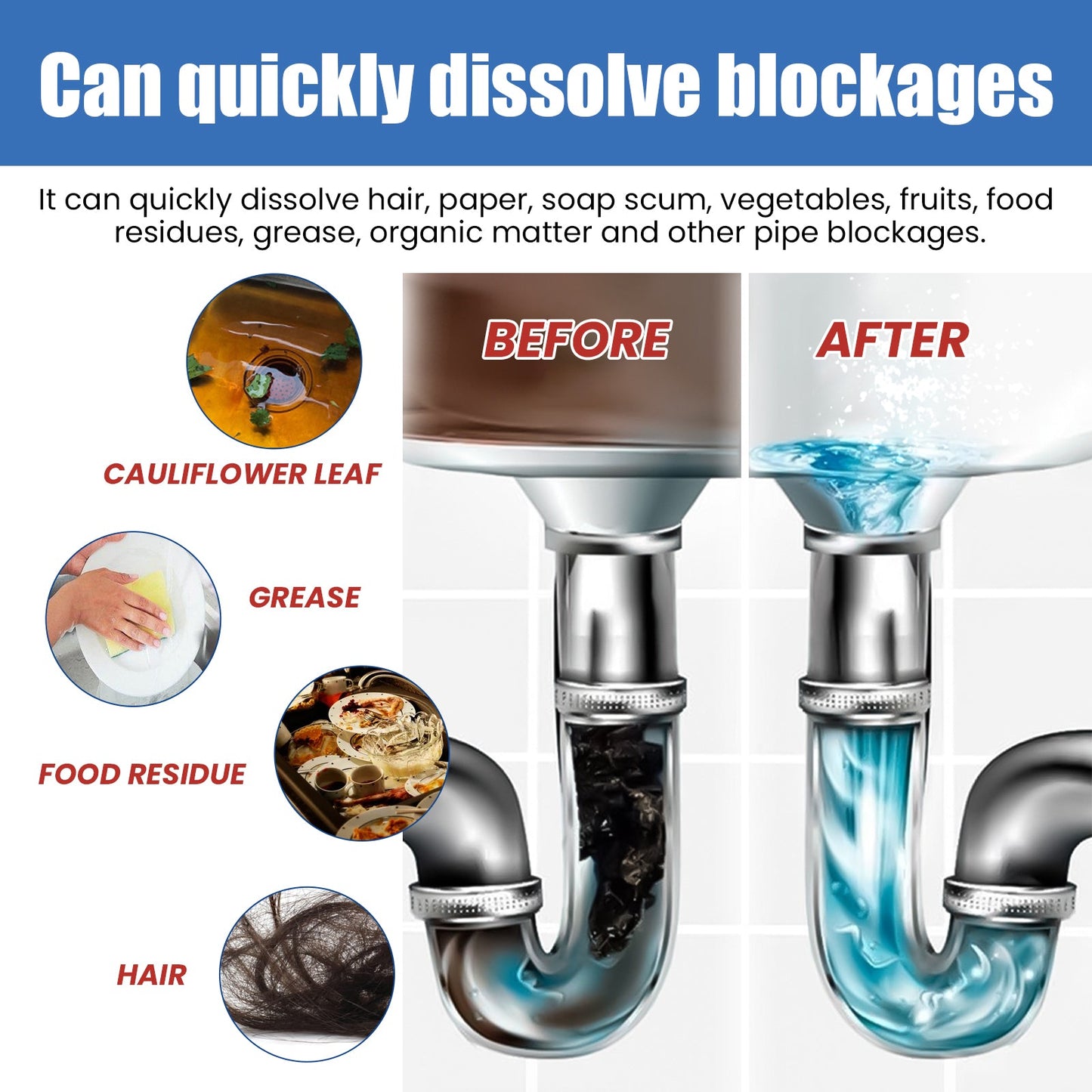 Pipe Remover, Kitchen Bathroom Drain Block Cleaning Stain Deodorant Remover
