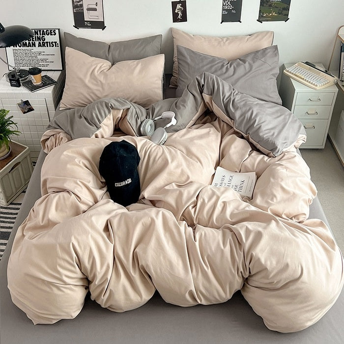 Washed Cotton Solid Color Double Spliced Four-Piece Bedding Set - Sheet, Quilt Cover, Pillowcases for Employee and Dormitory Use
