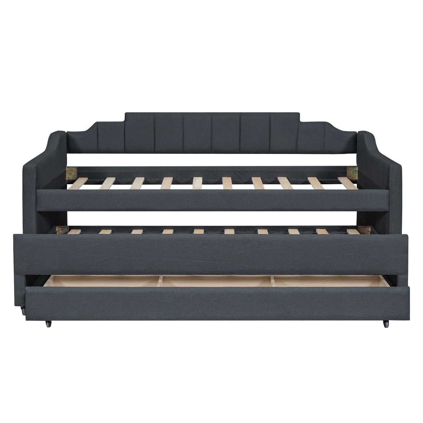 Twin Size Upholstered Daybed with Trundle and Three Drawers Grey