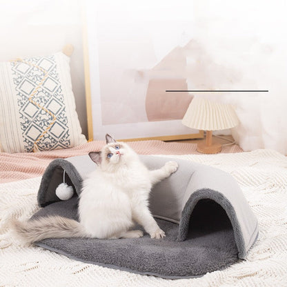 Cat Tunnel With Soft Plush Attached Mat And Hanging Ball