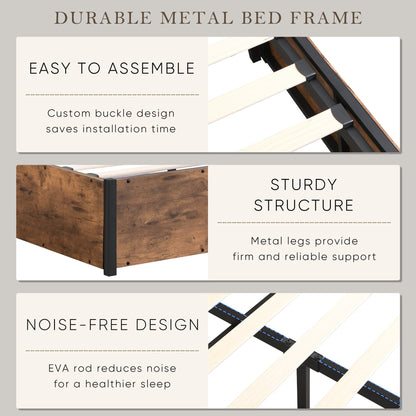 Elevating storage bed frame, full-size bed frame with bookshelf headboard and LED lights, with country brown color