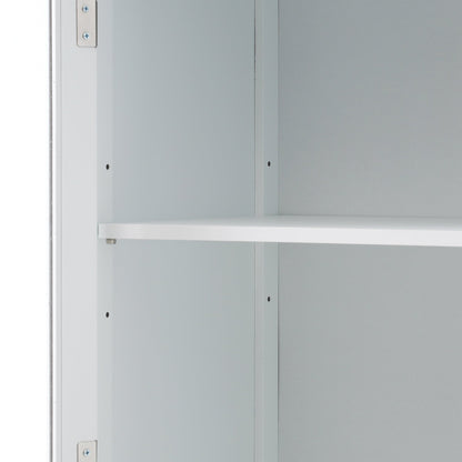 High bathroom storage cabinet with glass door, freestanding, two drawers and adjustable shelves, MDF board, painted white