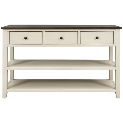 Retro Design Console Table with Two Open Shelves, Pine Solid Wood Frame and Legs for Living Room (Espresso+Beige)