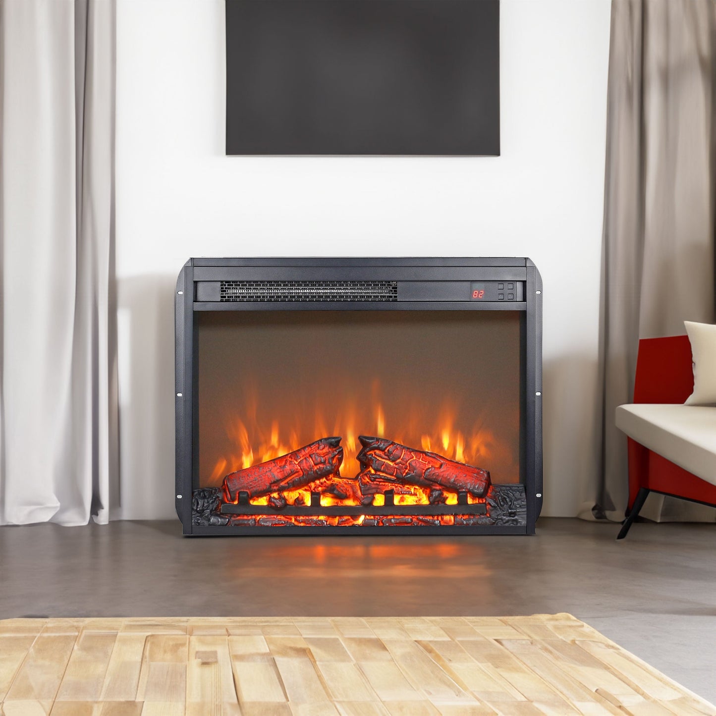 23 inch electric fireplace insert ultra thin heater with log set & realistic flame remote control