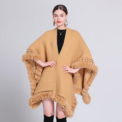Solid Color Knitted Cape And Shawl Sweater Coat