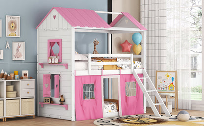Twin Size Bunk Wood House Bed with Elegant Windows, Sills and Tent, Pink+White