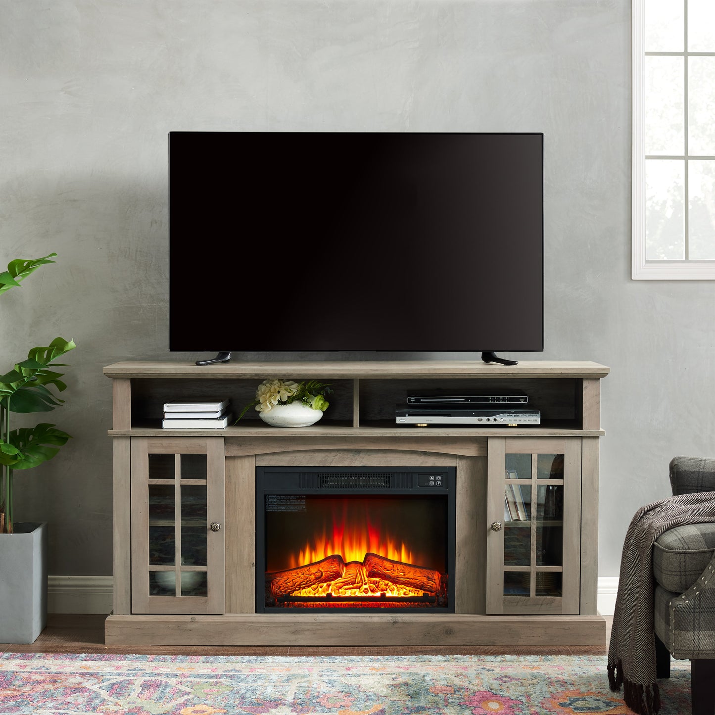 Classic TV Media Stand Modern Entertainment Console with 23" Fireplace Inset for TV Up