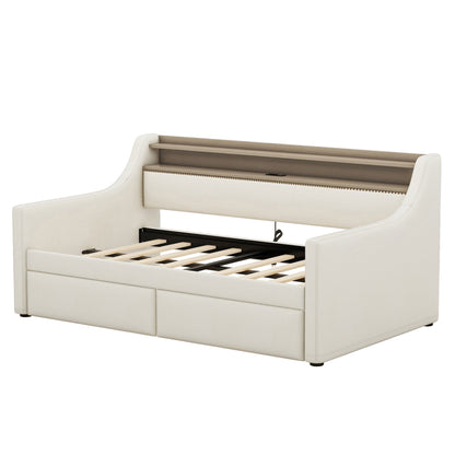 Twin Size Daybed with Storage Drawers, Upholstered Daybed with Charging Station and LED Lights, Beige