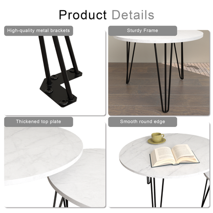 27.56'' Round Nesting Coffee Table Set of 2, Circular Nesting End Table Set Sturdy Metal Base for Living Room, bedroom, White