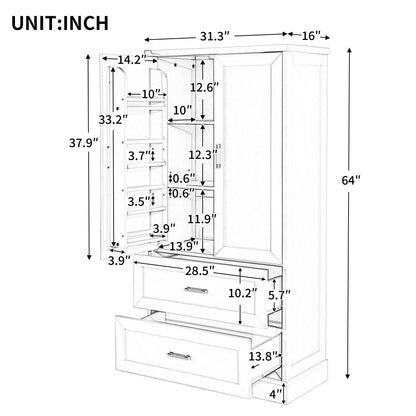 Tall Bathroom Storage Cabinet, Cabinet with Two Doors and Drawers, Adjustable Shelf, MDF Board, Black
