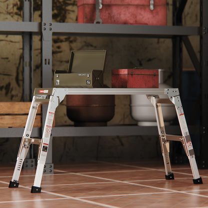 Aluminum Work Platform Large Size Step Stool Folding Portable Work Bench 40" Width Telescopic Feet 22" -27.5" Height Adjustable