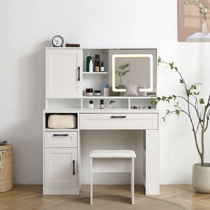 Vanity table with large sliding lighted mirror dressing table with 2 drawers storage shelves and upholstered stool white color