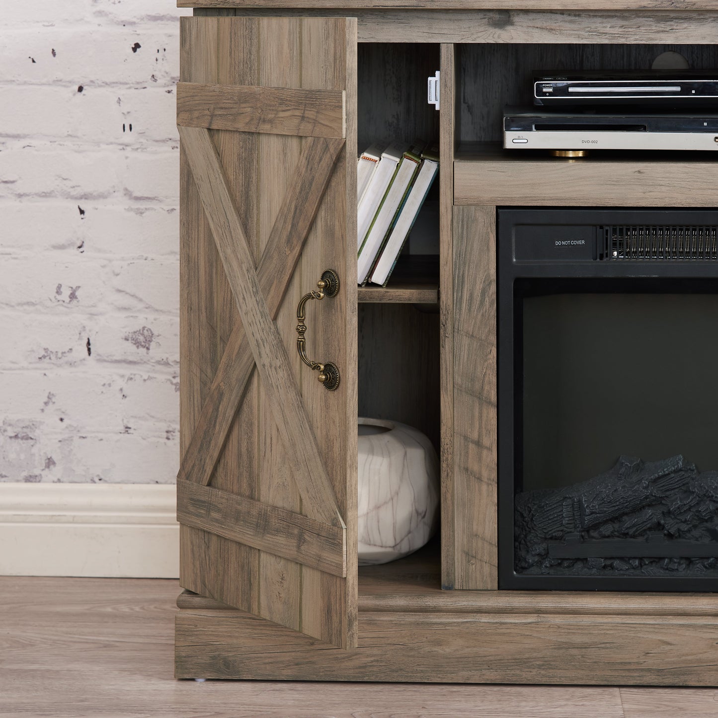 Farmhouse Classic Media TV Stand Antique Entertainment Console with 18" Electric Fireplace Insert for TV up to 50" with Open
