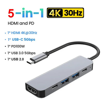 5-in-1 Type-C to HDMI Adapter USB C HUB 4K30Hz PD100W Docking Station USB-C 3.1 Splitter for MacBook iPad Pro Huawei USB 3.0 HUB