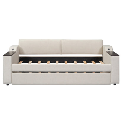 Twin Size Upholstery Daybed with Storage Arms  Trundle and USB Design Beige