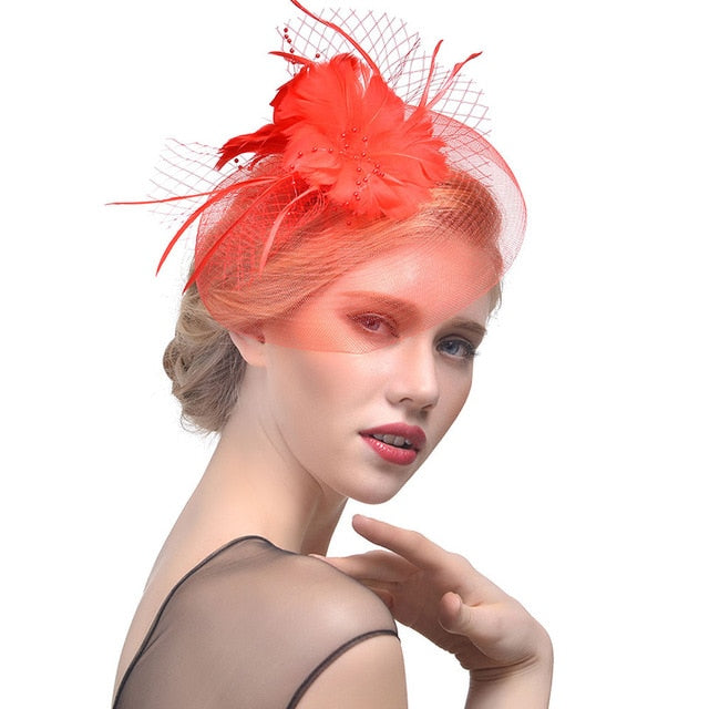 WELROG Feather Cap Lady Cocktail Dinner Party Fedoras Wedding Bridal Mesh Veil Hats Vintage Sombreros Chapeau Fascinators Hat