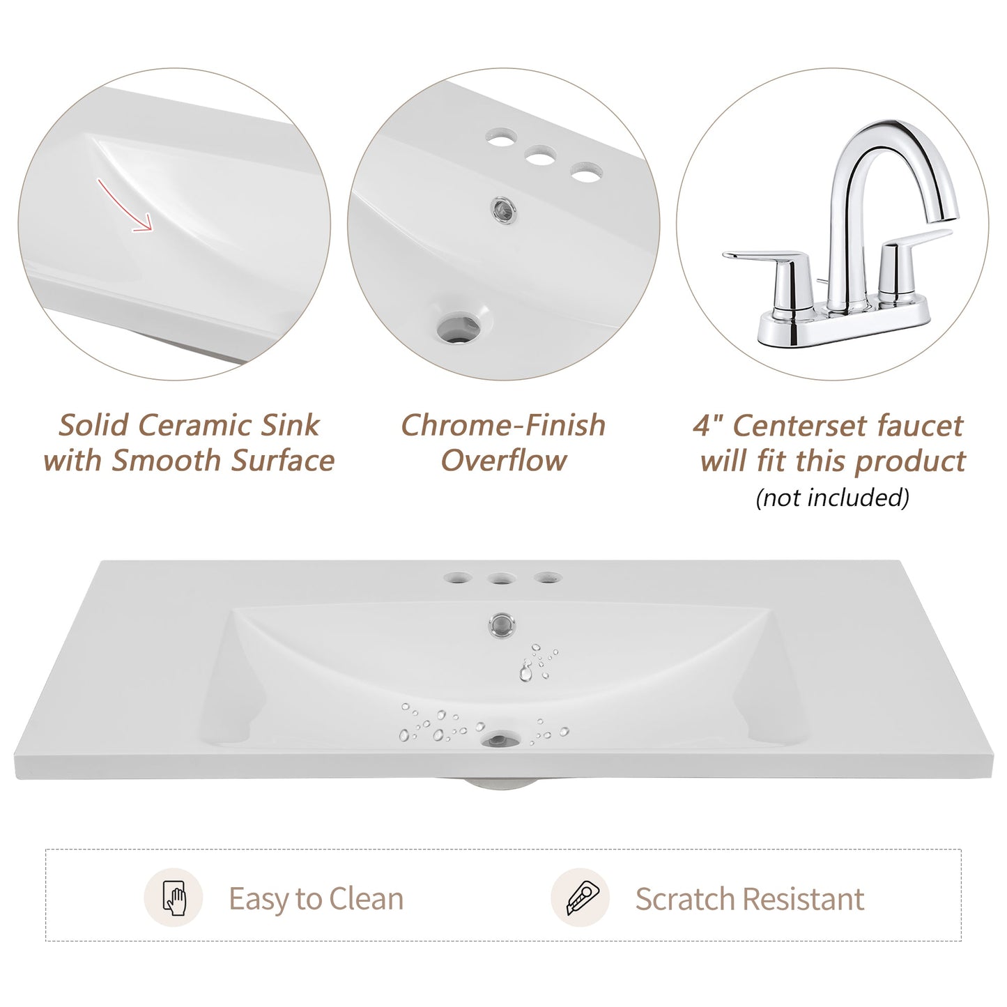 36" Single Bathroom Vanity Top with White Basin  3-Faucet Holes Ceramic  White