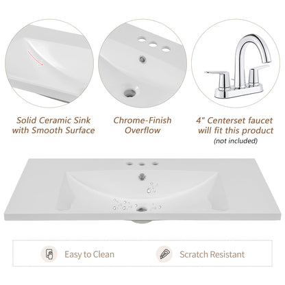 36" Single Bathroom Vanity Top with White Basin  3-Faucet Holes Ceramic  White