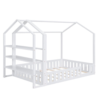 Full Size Wood House Bed with Fence and Detachable Storage Shelves, White