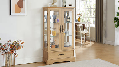 Light colored glass cabinet with adjustable glass frame, including cabinet light bulbs OAK with 2 doors and 1 drawer