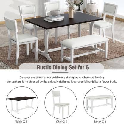 TOPMAX Farmhouse 6-Piece Trestle Dining Table Set with Upholstered Dining Chairs and Bench  59inch, White