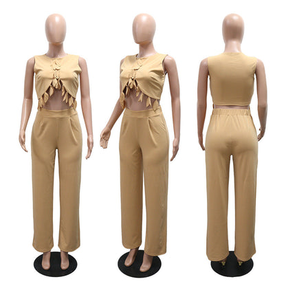 Round Neck Casual Sleeveless Sexy Top with Slim Long Pants Two-Piece Women's Set