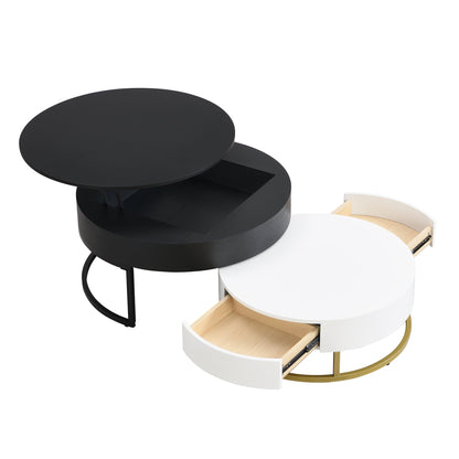 Modern Round Lift-top Nesting Coffee Tables with 2 Drawers White & Black