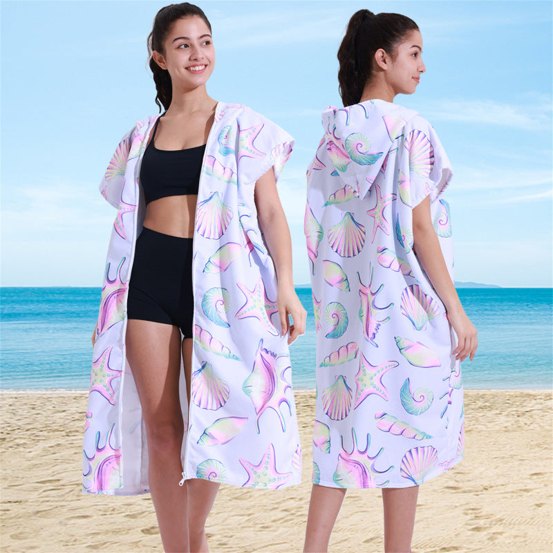 Hooded Towel Ultra-fine Fiber Zipper Wearable Bathrobe Cape Beach Towel