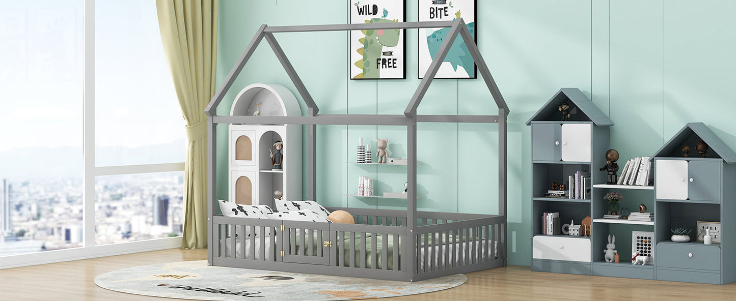 Full Size Wood House Bed with Fence and Door, Gray