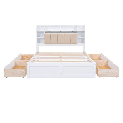 Wood Queen Size Platform Bed with Storage Headboard  Shelves and 4 Drawers  White