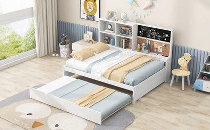 Full Size Daybed with Storage Shelves, Blackboard, Cork board, USB Ports and Twin Size Trundle  White