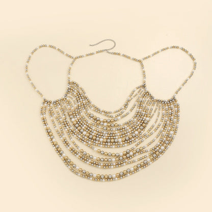 Multi layer imitation pearl black chain woven pearl layered body chain