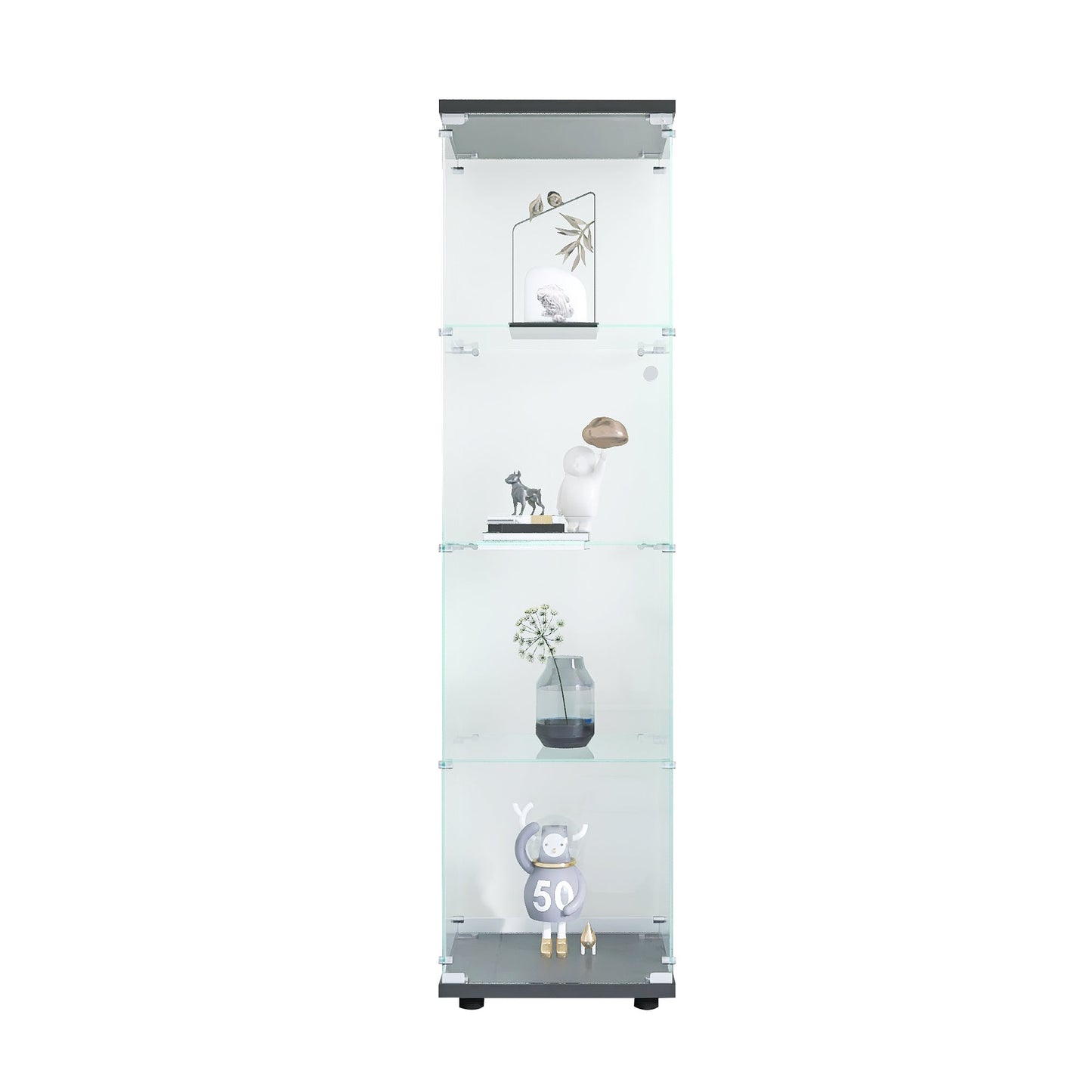 4 glass display cabinets with door shelves, floor standing antique bookshelf, 64.7 "* 16.7" * 14.3 ", black