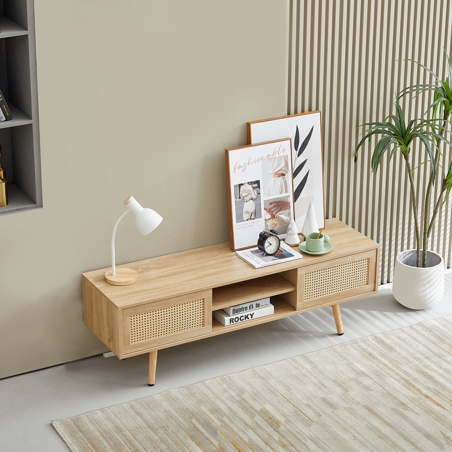 55.12" Rattan TV cabinet double sliding doors for storage adjustable shelf solid wood legs TV console for living room natural