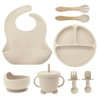 8PCS Mother and baby silicone bibs, silicone dinner plates, eight-piece set, baby food training suction cup bowl, baby divided tableware set
