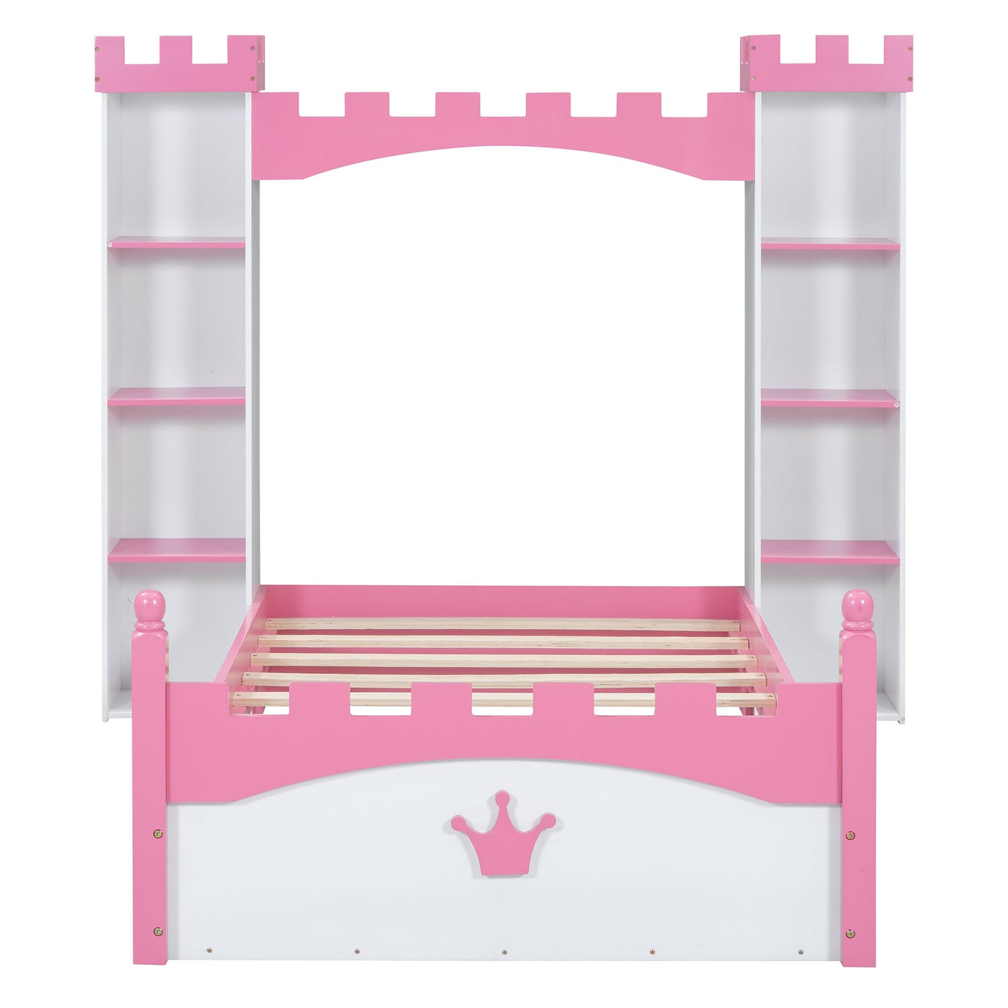 Castle-Shaped Wooden Bed with Storage Shelf, Dreamy Twin Size Platform Bed for Kids Bedroom, White + Pink