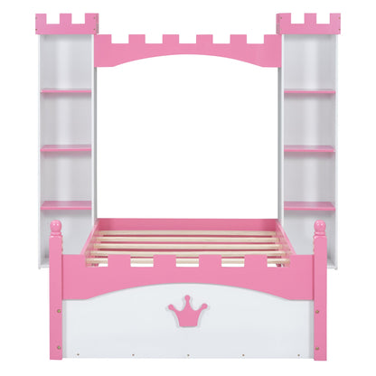 Castle-Shaped Wooden Bed with Storage Shelf, Dreamy Twin Size Platform Bed for Kids Bedroom, White + Pink