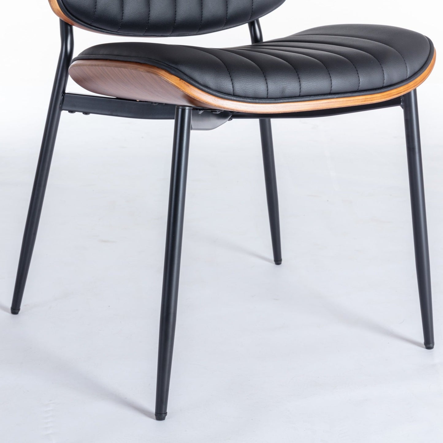 2-piece retro linen chair set with curved wooden backrest, cushioned seat, adjustable metal legs, (Black PU)